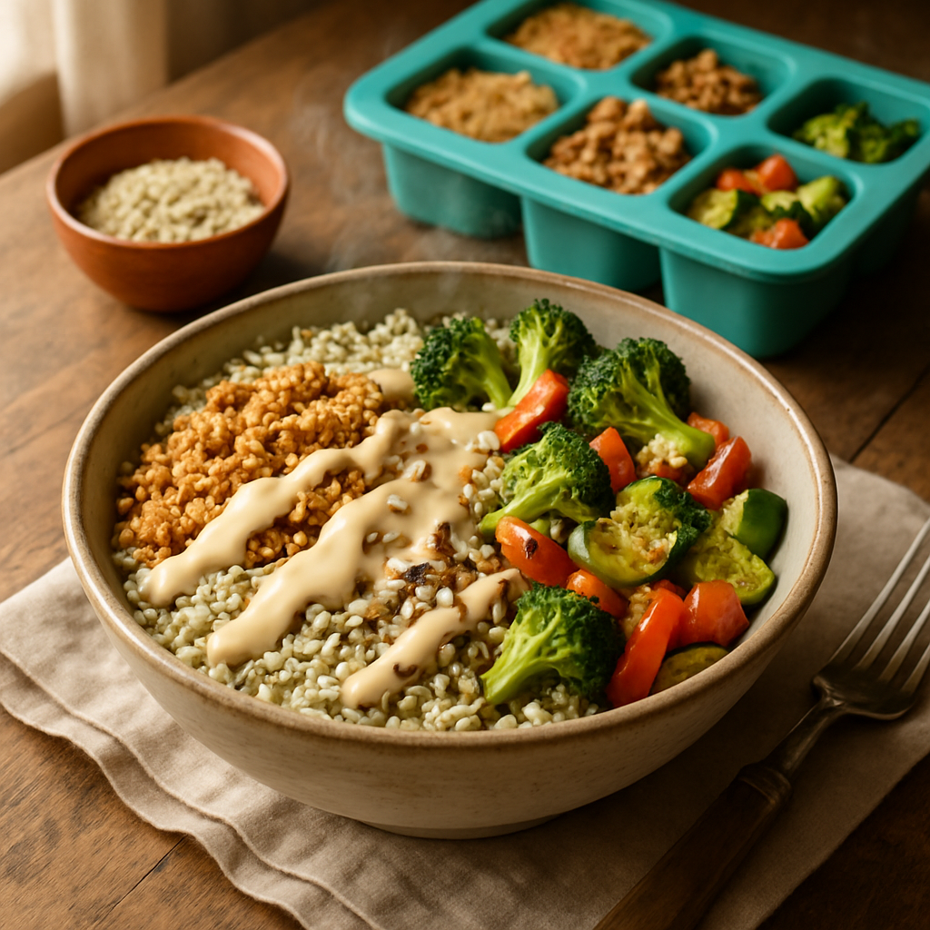 A finished five-minute grain bowl assembled from food bricks: herbed grains topped with garlic turkey, roasted rainbow vegetables, lemon tahini drizzle, and toasted seed crunch