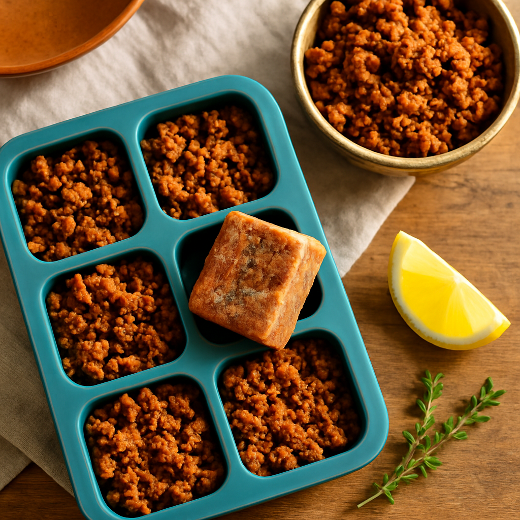 Garlic turkey crumble in a wide skillet, browned and seasoned with herbs and smoked paprika, ready to portion into meal prep containers