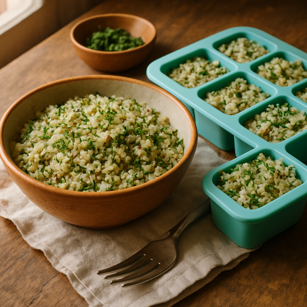 A bowl of fluffy herbed grain mix with quinoa and rice, flecked with fresh parsley, dill, and lemon zest