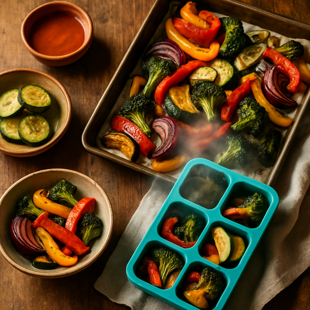 A sheet pan of roasted rainbow vegetables including bell peppers, zucchini, red onion, and broccoli with golden caramelized edges