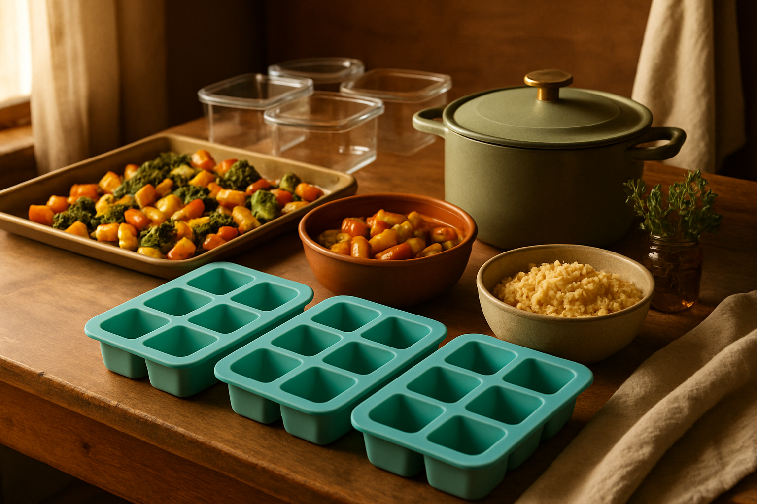 An inviting kitchen scene with organized meal prep containers, fresh ingredients, and a prep checklist on the counter